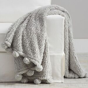 Pottery Barn Cozy Pom Pom Sherpa Throw - Color: Smoke